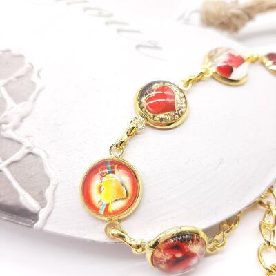 Adjustable Golden Bracelet - Glass Cabochons with Matching Hearts - Shades of red