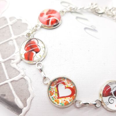 Adjustable Silver Bracelet - Glass Cabochons with Matching Hearts - Shades of pink
