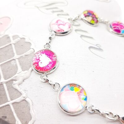 Adjustable Silver Bracelet - Glass Cabochons with Assorted Hearts - Shades of Red