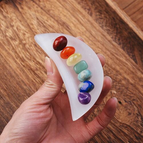 Selenite Moon Charging Bowl Chakra Crystal Set