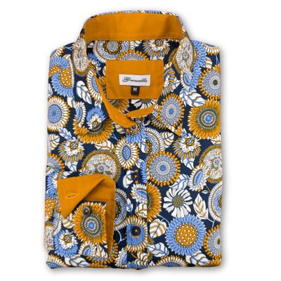 Chemise Grenouille à imprimé floral bleu marine et doré style années 60 pour femme