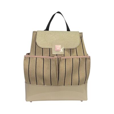 Three Thirds Pockets - Women's Backpack in Shiny PVC and Beige Raffia