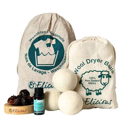 Coffret de lavage naturel – noix de lavage, boules de séchage et huile d’eucalyptus