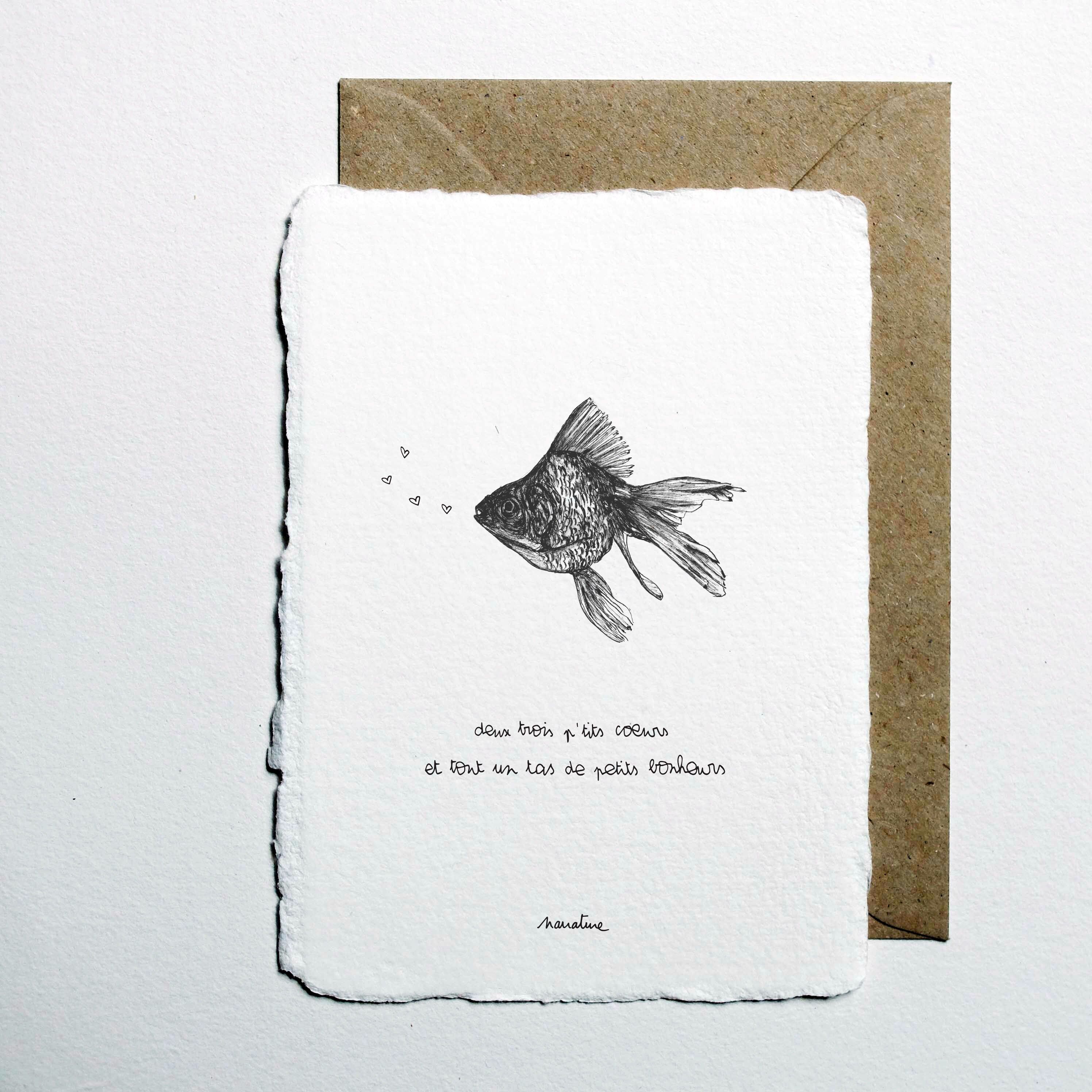 Poppy le poisson - carte 10x15 papier fait main et enveloppe recyclée
