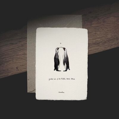 Bacio dei pinguini - biglietto di carta fatto a mano 10x15 e busta riciclata