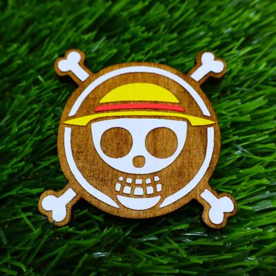 One Piece Totenkopf Holzmagnet, Anime Kühlschrank Dekor Geschenk, Strohhut Piraten Logo Magnet, handbemaltes Anime Accessoire, Laser cut Holzmagnet für Anime Fans