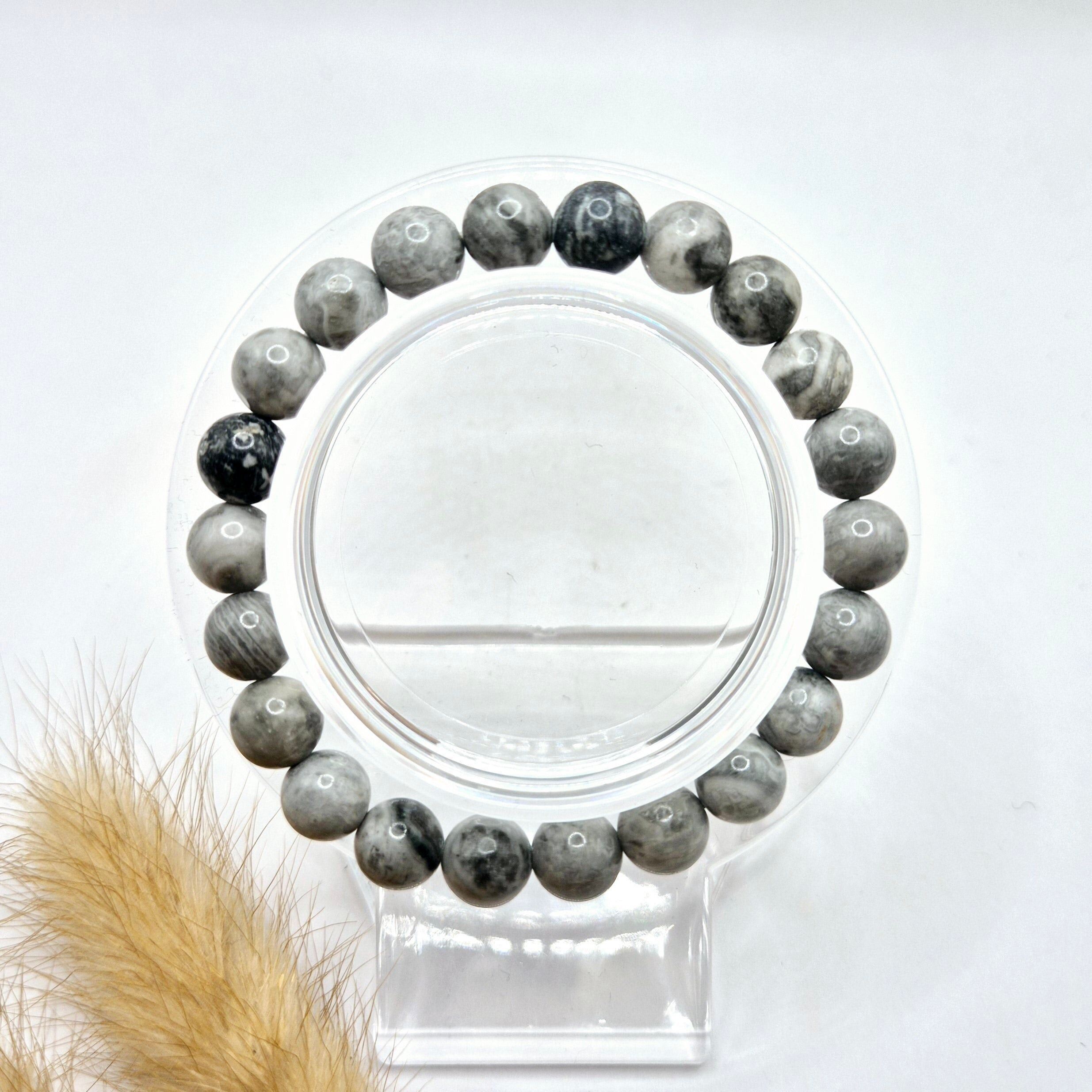 Bracelet en pierres précieuses avec perles rondes de 8 mm - Jaspe Map Gris