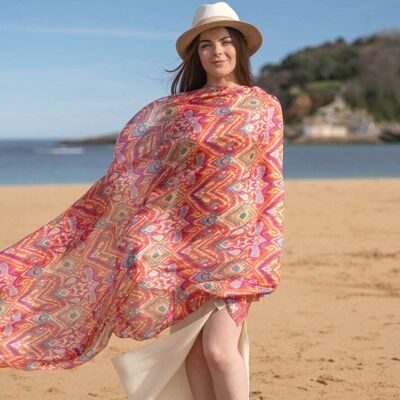 Coral Silk Scarf with Floral Print