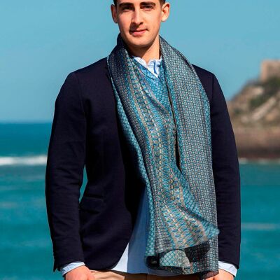 Blue Silk Scarf with Geometric Pattern