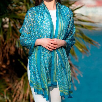 Blue Silk Scarf with Floral Print