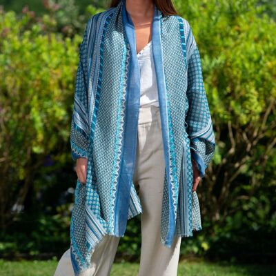 Écharpe en laine et soie bleue à motif géométrique