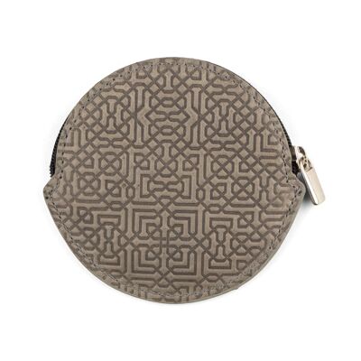 Gray Leather Coin Purse with Embossed Arabesque