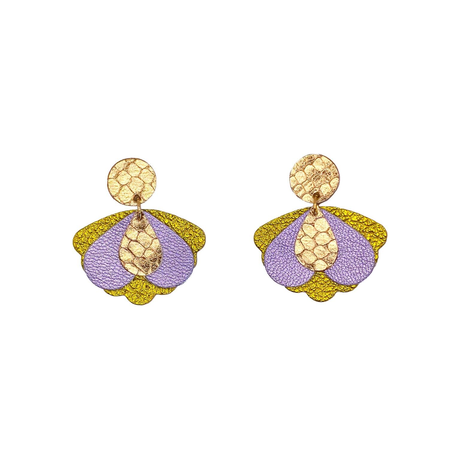 Boucles d’oreilles Big Papillons en cuir jaune, doré et violettes