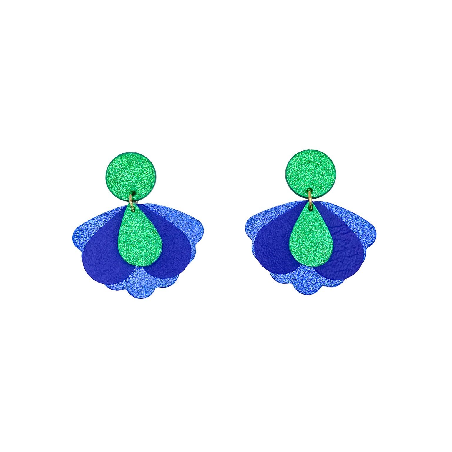 Boucles d’oreilles Big Papillons en cuir bleu et vert brillant