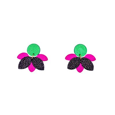 Boucles d'oreilles flower en cuir vert, rose et noir