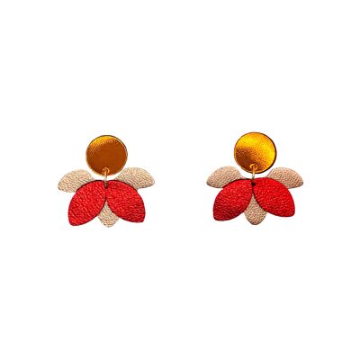 Boucles d'oreilles flower en cuir orange, ambre et rouge