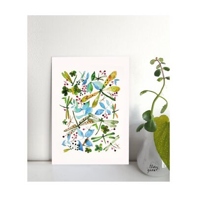 Poster da parete botanico con libellula multicolore in formato A4 e acquerello