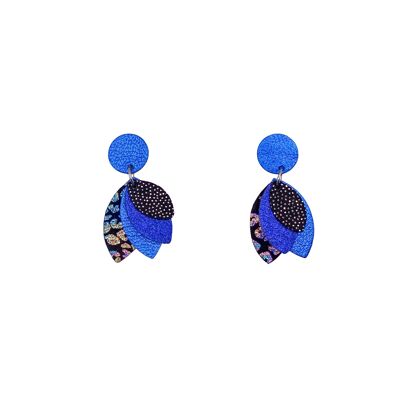 Blue and Black Leopard Leather Petal Earrings (Silver)