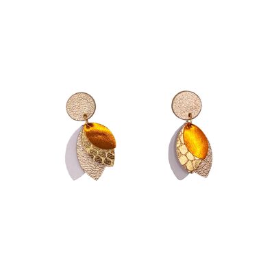 Petal earrings in gold, orange and white leather