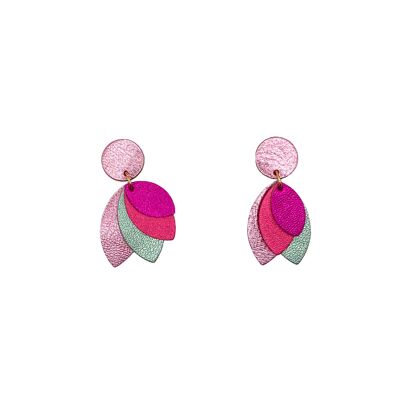 Pink and green leather petal earrings