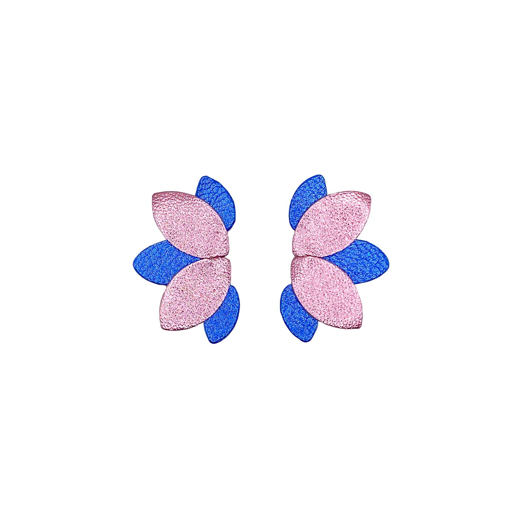 Blue and pink leather flower stud earrings