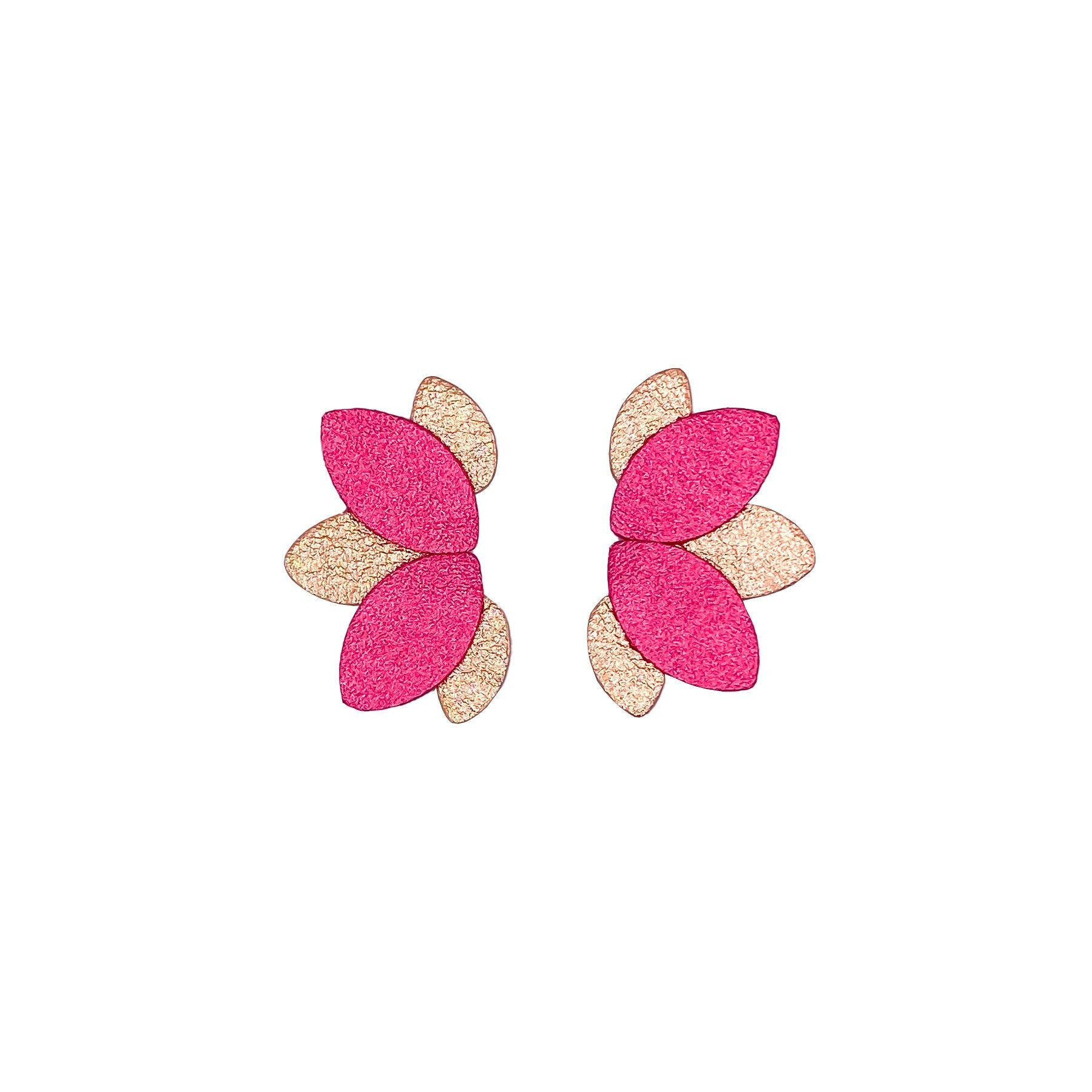 Amber and pink leather flower stud earrings
