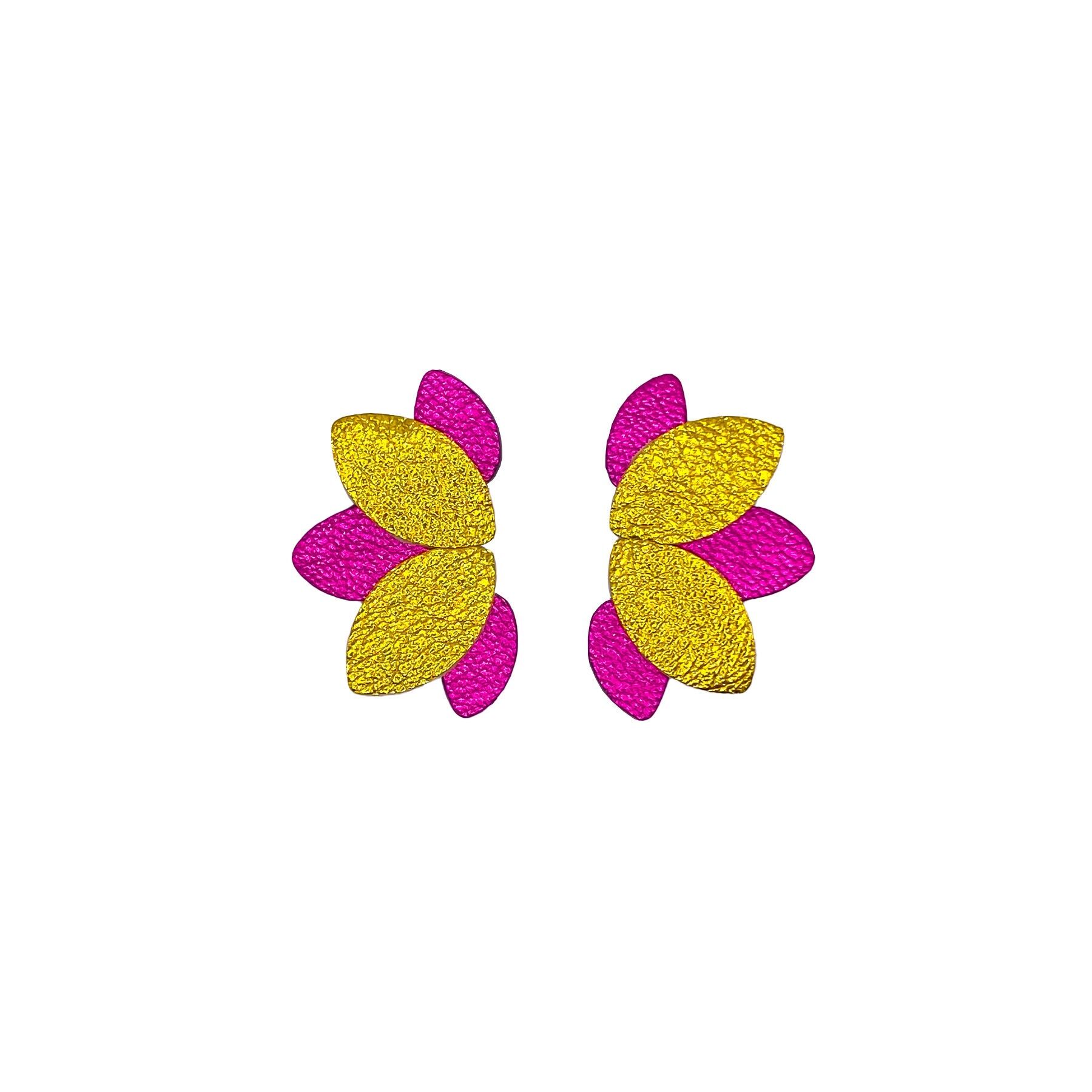 Pink and yellow leather flower stud earrings