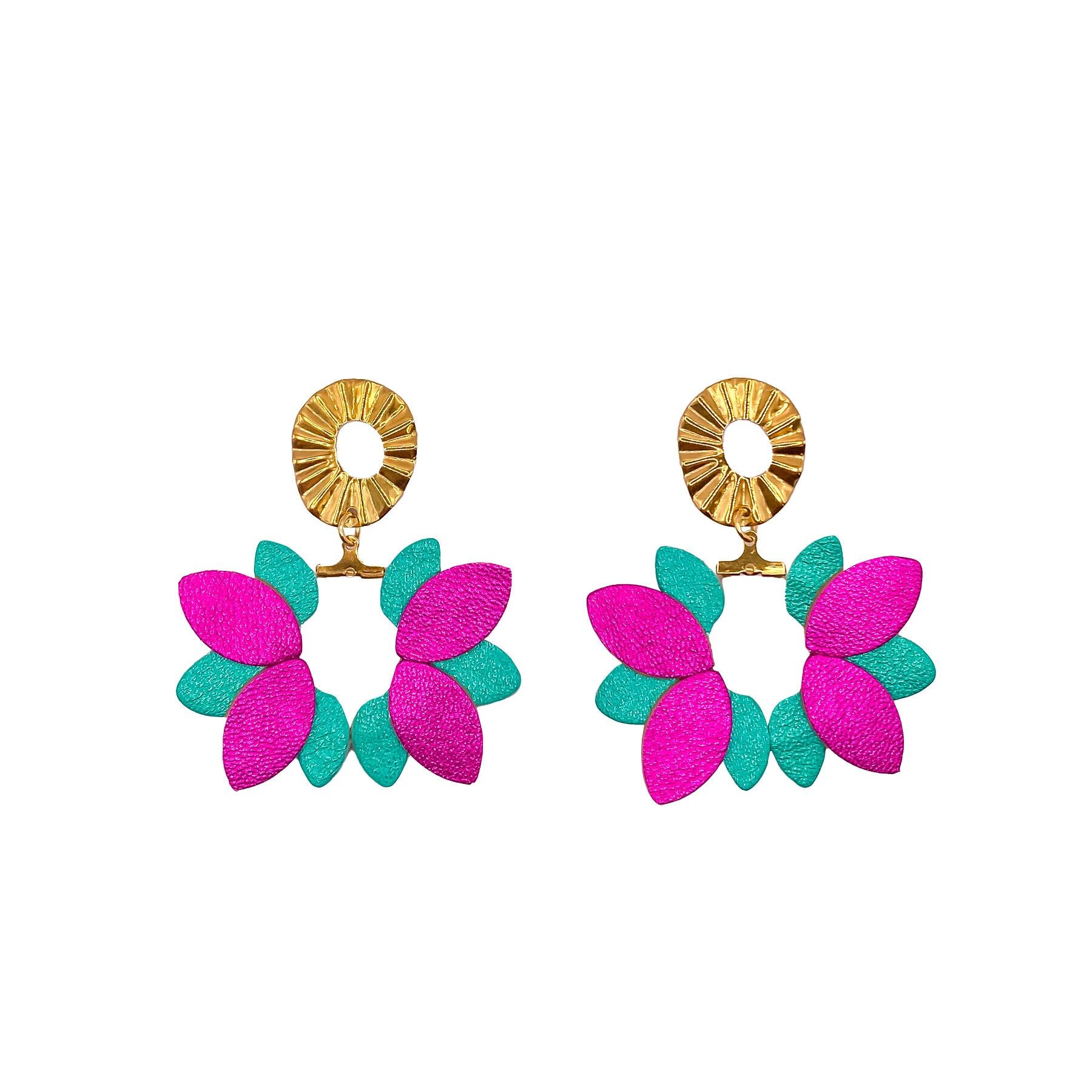 Pendientes Big Flower en cuero rosa y turquesa