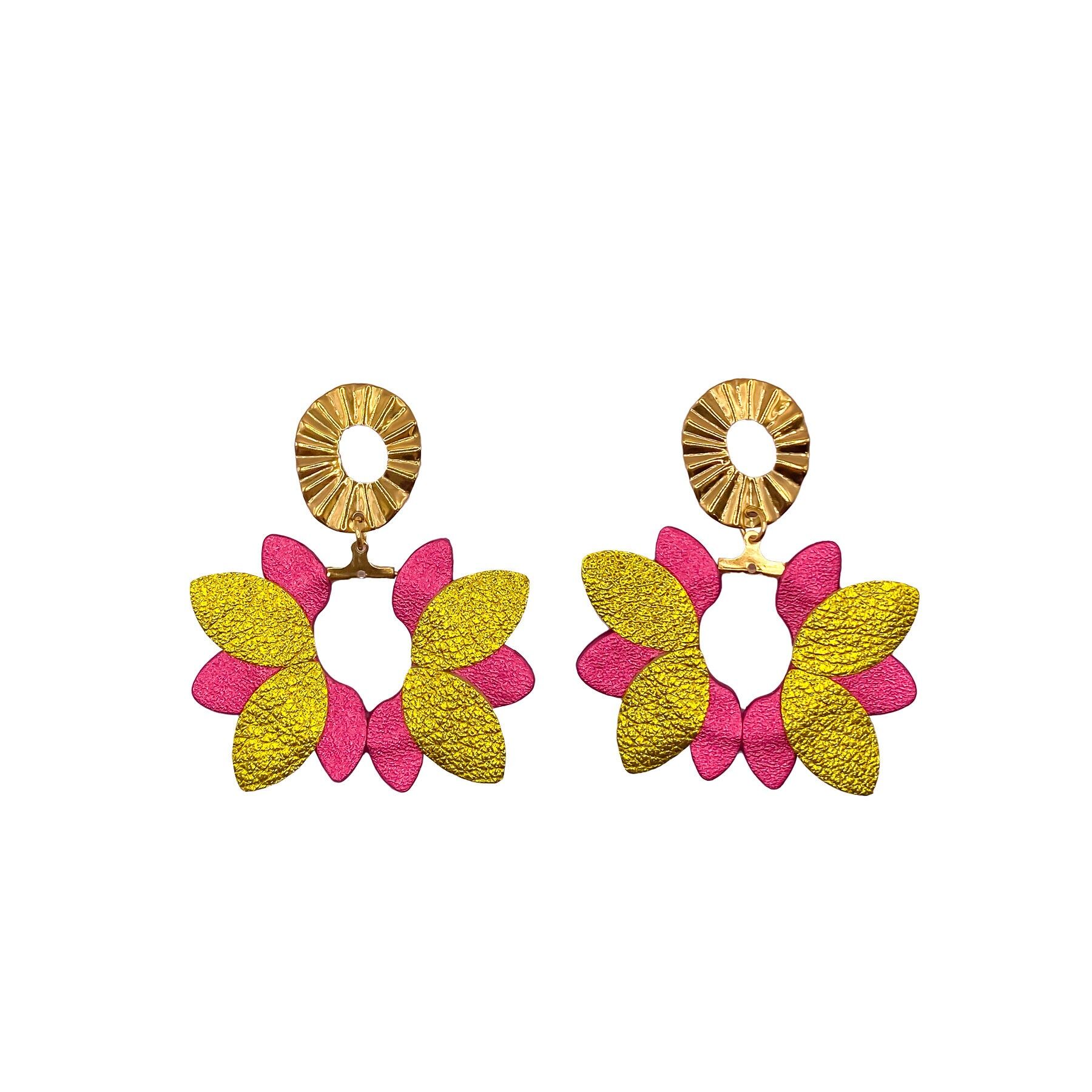Pendientes Big Flower en cuero rosa y amarillo