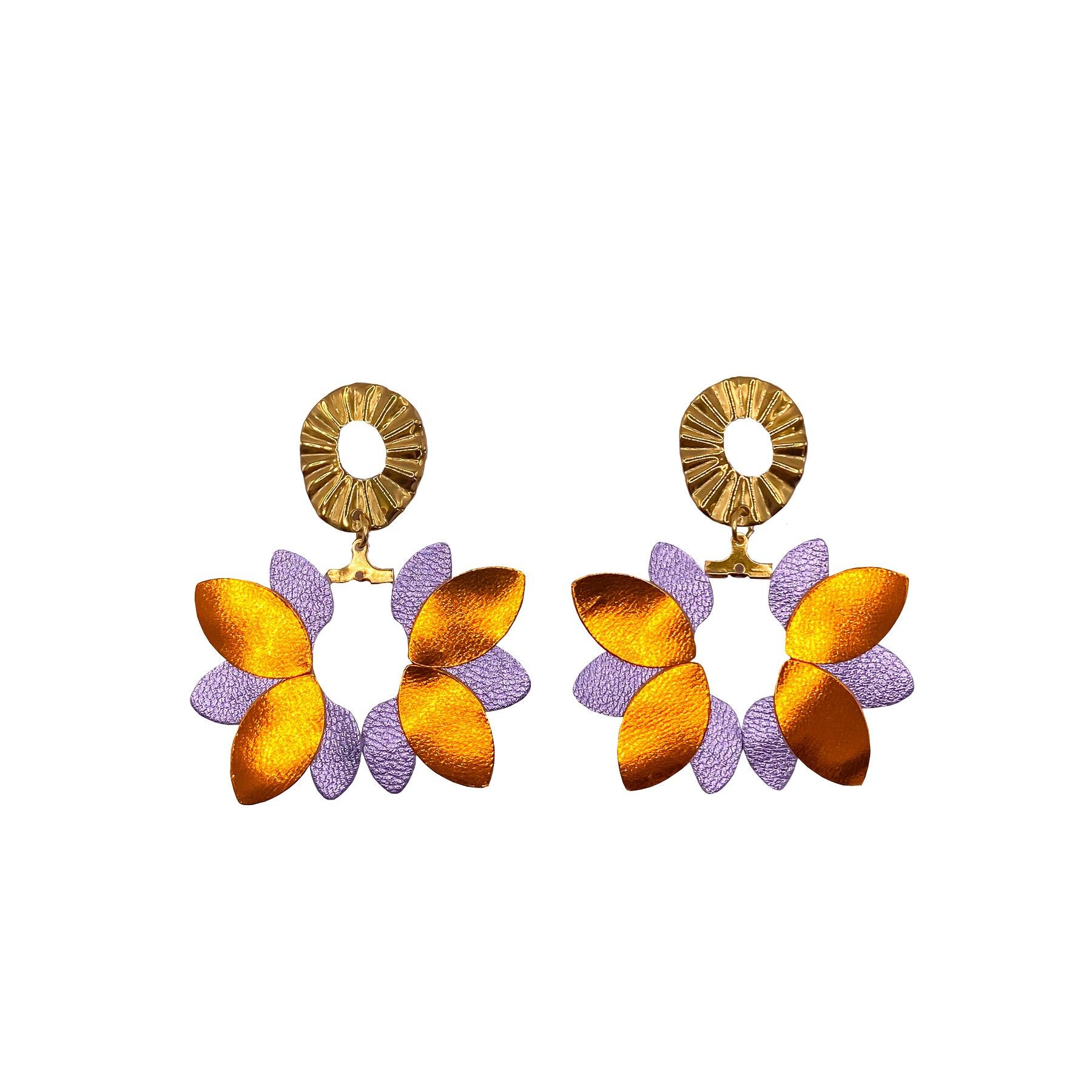 Pendientes Big Flower en cuero naranja y morado