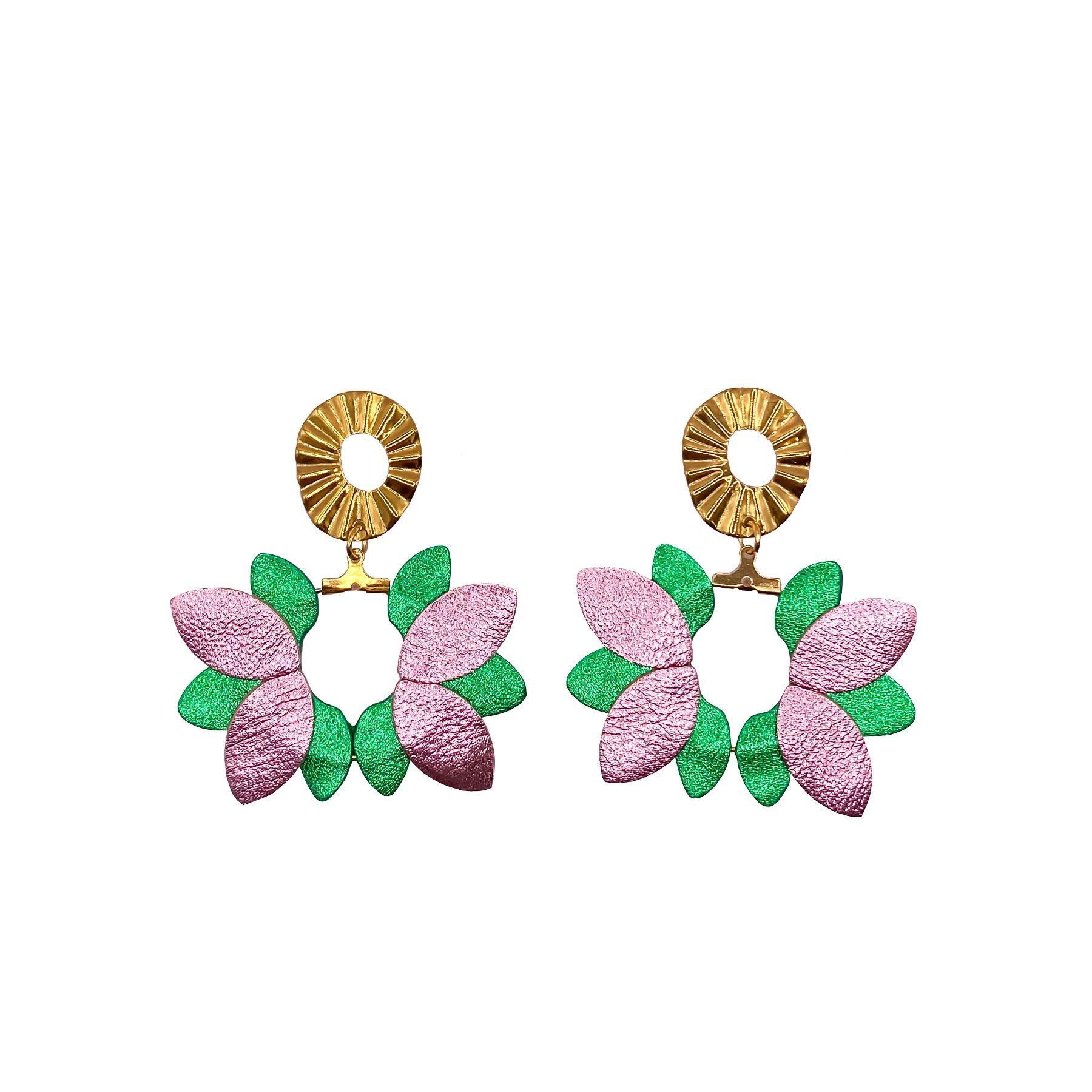 Pendientes Big Flower en cuero verde y rosa claro
