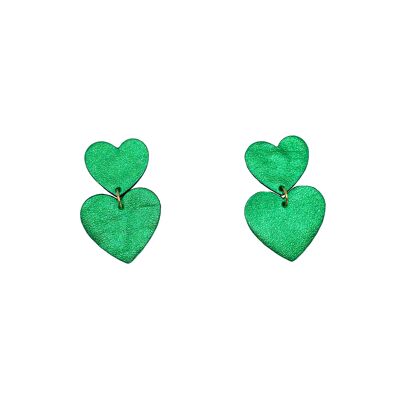 Orecchini a doppio cuore in pelle verde