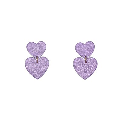 Boucles d'oreilles double coeur en cuir violet / Lila