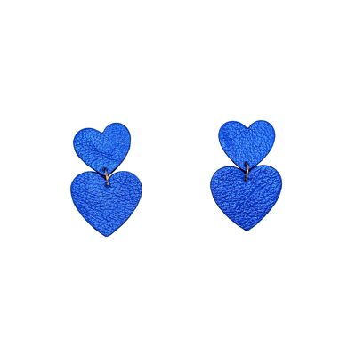 Pendientes de doble corazón de cuero azul Klein
