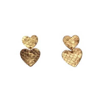 Double heart earrings in gold snake textured leather
