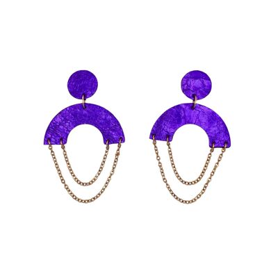 Purple Leather Half Moon Earring with Chain