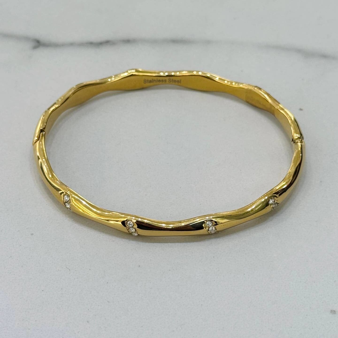 Wavy Stainless Steel Cuff Bracelet w Zirconia Stones