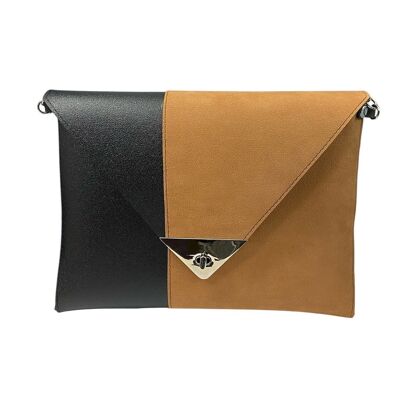 Clutch - Bolso de mano y bandolera para mujer en PVC satinado y alcántara color teja