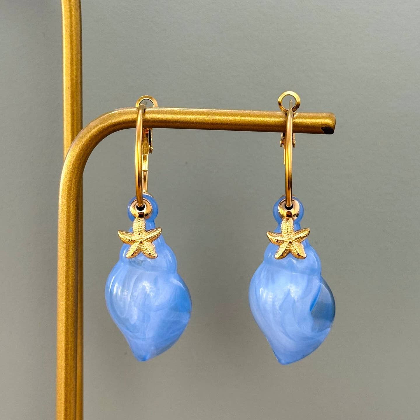 Blue Seashell Hoop Earrings w Starfish 