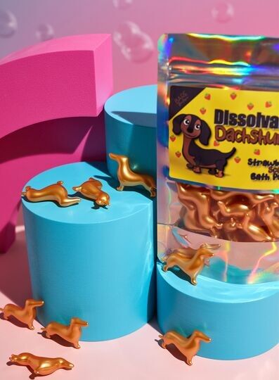 15 perlas de baño para perros salchicha con aroma a fresa y forma de teckel disueltas, bolsa resellable.Perlas de aceite de baño