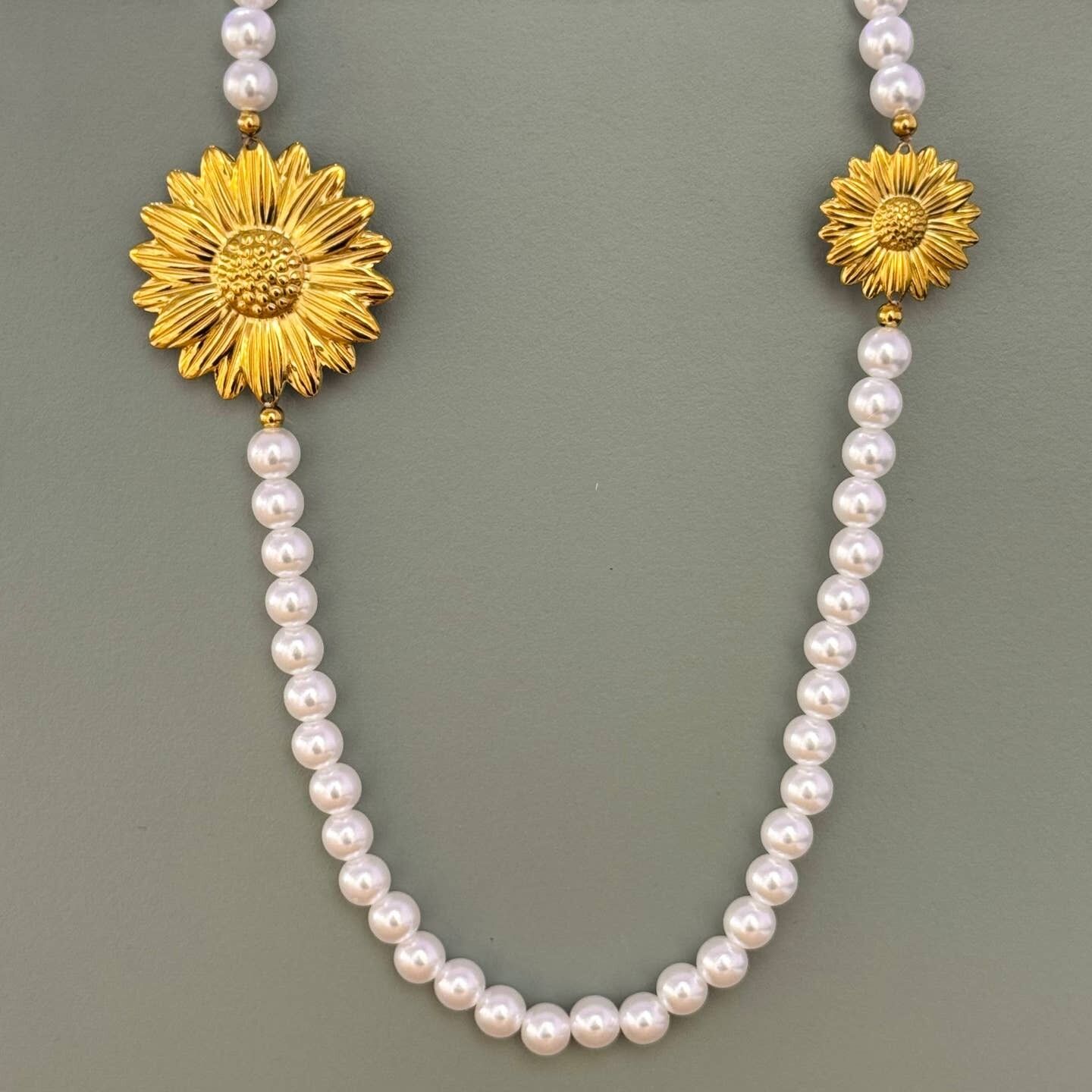 Long Pearl Necklace w Sunflower Detail