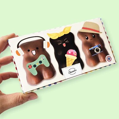 Box of 3 XL marshmallow heart bears coated in milk and dark chocolate (fdr) Mother's Day, Grandma's Day, Father's Day, end of school year, teacher