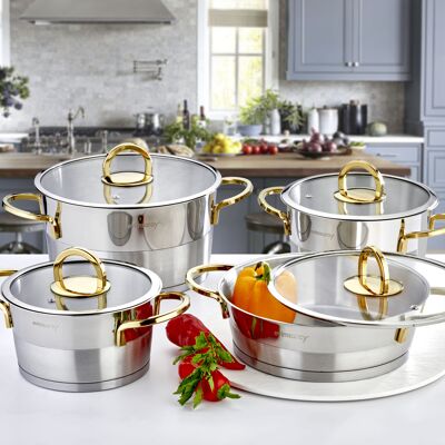 Juego de utensilios de cocina de acero inoxidable de 8 piezas de la colección Elit (asas doradas)