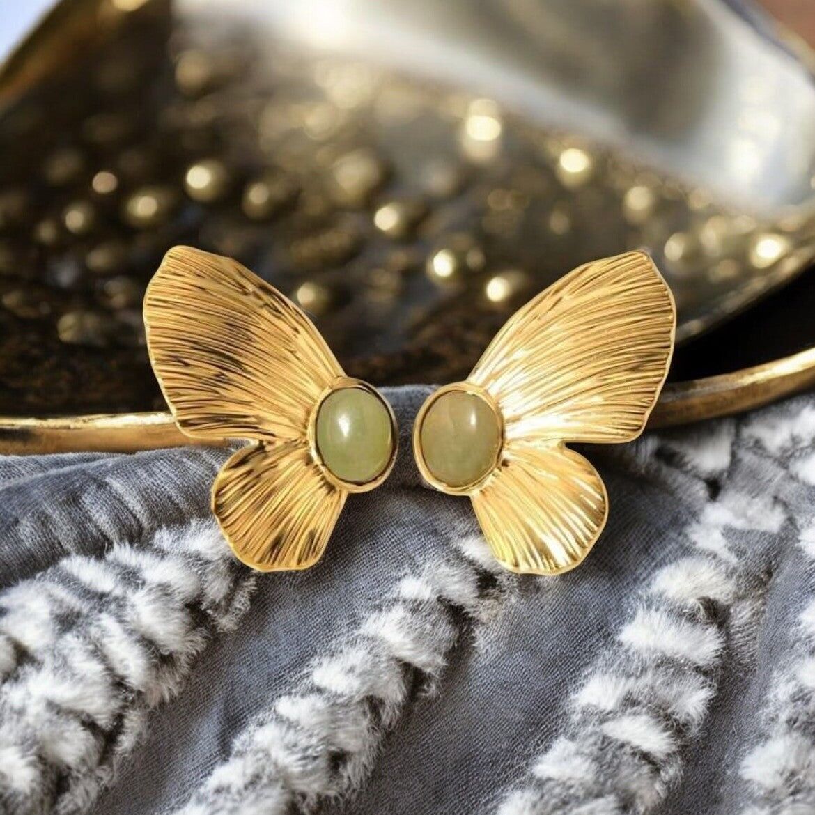 Boucles d'oreilles "LUNASTRA" en acier inoxydable doré et agate verte