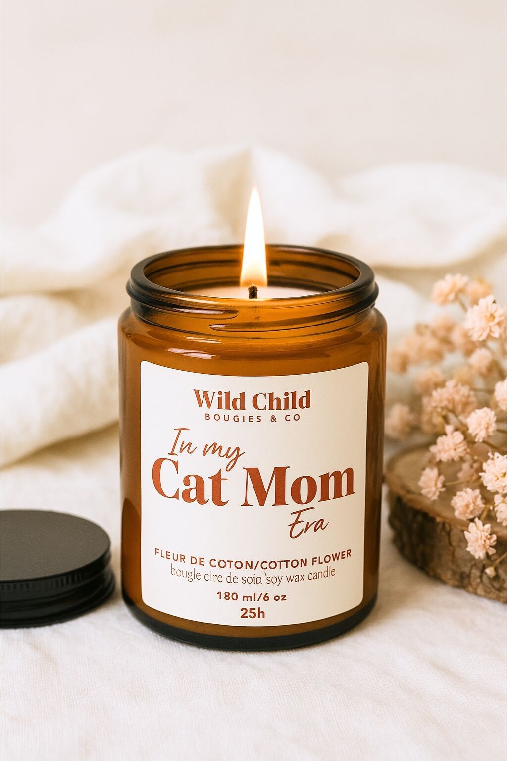 Candela di cera di soia "Cat Mom Era" e fragranza a scelta 25 ore