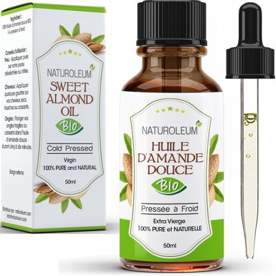 Exquisite Softness - 100% Pure Cold Pressed Organic Sweet Almond Oil - Face, Body, Baby - Moisturizing, Soothing, Sensitive Skin - Pipette - 50 ml - Made in France