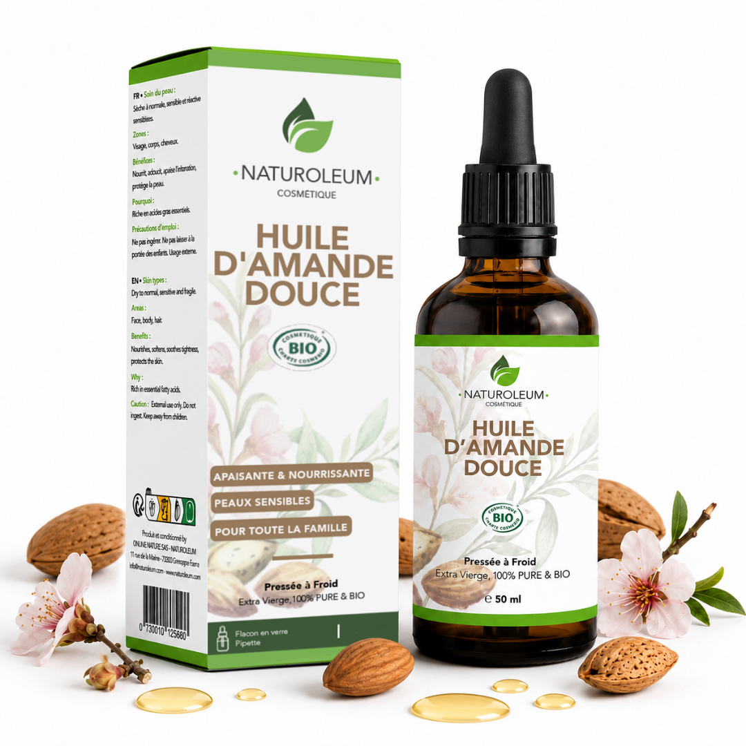 Exquisite Softness - 100% Pure Cold Pressed Organic Sweet Almond Oil - Face, Body, Baby - Moisturizing, Soothing, Sensitive Skin - Pipette - 50 ml - Made in France