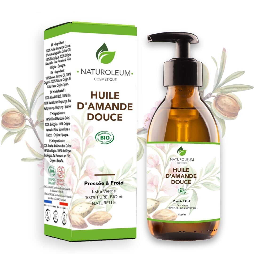 Exquisite Softness - 100% Pure Cold Pressed Organic Sweet Almond Oil - Face, Body, Baby - Moisturizing, Soothing, Sensitive Skin - Dosing Pump - 200 ml - Made in France