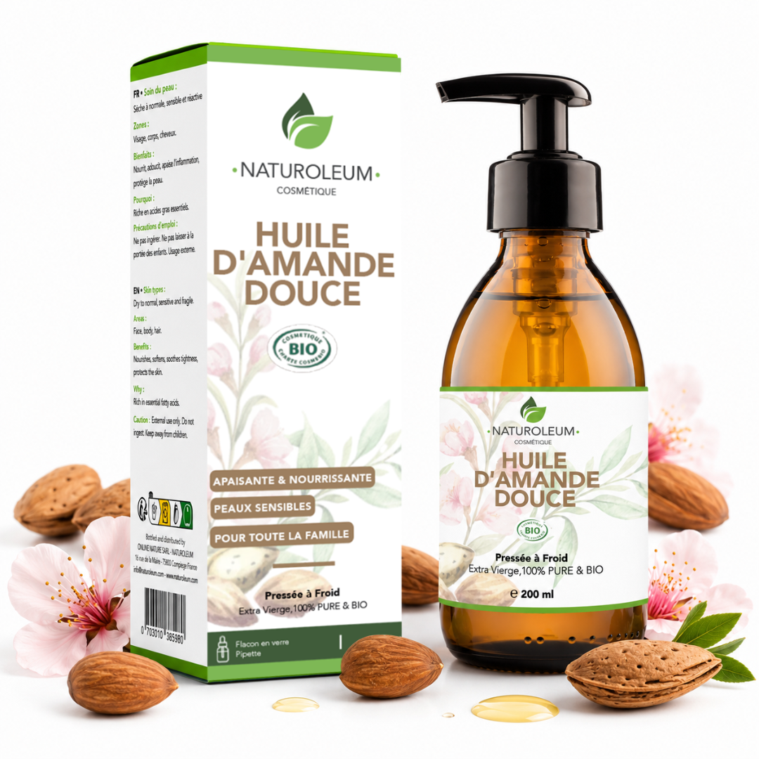 Exquisite Softness - 100% Pure Cold Pressed Organic Sweet Almond Oil - Face, Body, Baby - Moisturizing, Soothing, Sensitive Skin - Dosing Pump - 200 ml - Made in France