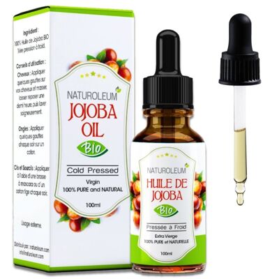Perfect Skin – Olio di Jojoba Biologico 100% Puro Spremuto a Freddo – Viso, Corpo, Capelli – Seboregolatore, Riequilibrante, Non comedogeno – Pipetta - 100 ml – Prodotto in Francia